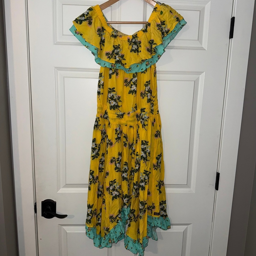 Matilda Jane Yellow Floral Off Shoulder Ruffle Smocked Handkerchief Dress Medium
